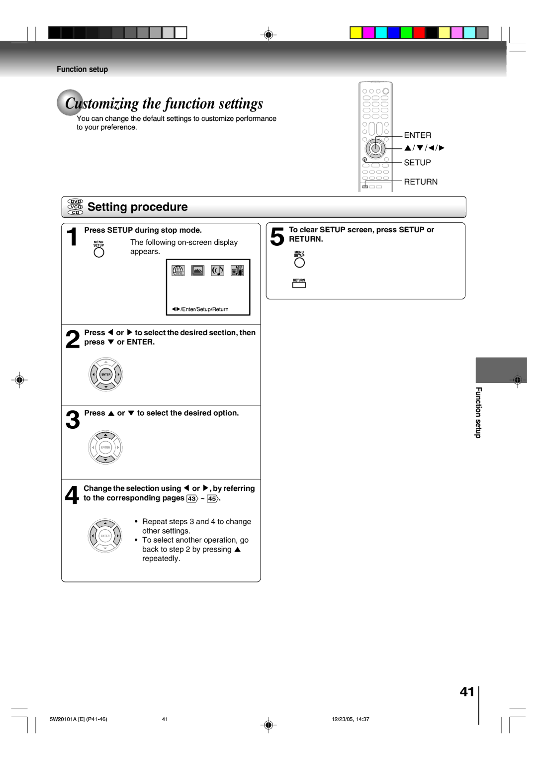 Toshiba MD20F52, MD14F52 owner manual Customizing the function settings, Setting procedure, Return, Function setup 