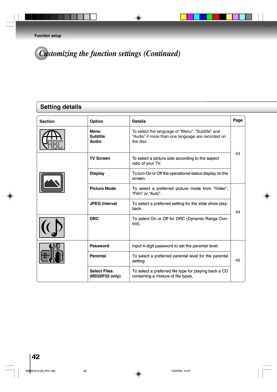 Toshiba MD14F52, MD20F52 owner manual Setting details, To turn On or Off the operational status display on 