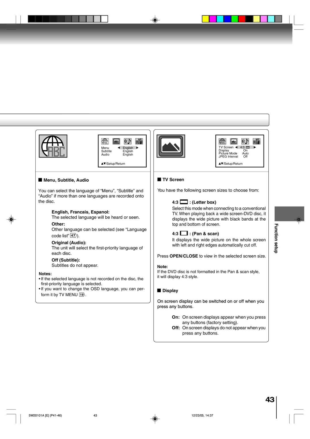 Toshiba MD20F52 Menu, Subtitle, Audio, English, Francais, Espanol, Other, Original Audio, Off Subtitle, TV Screen, Display 