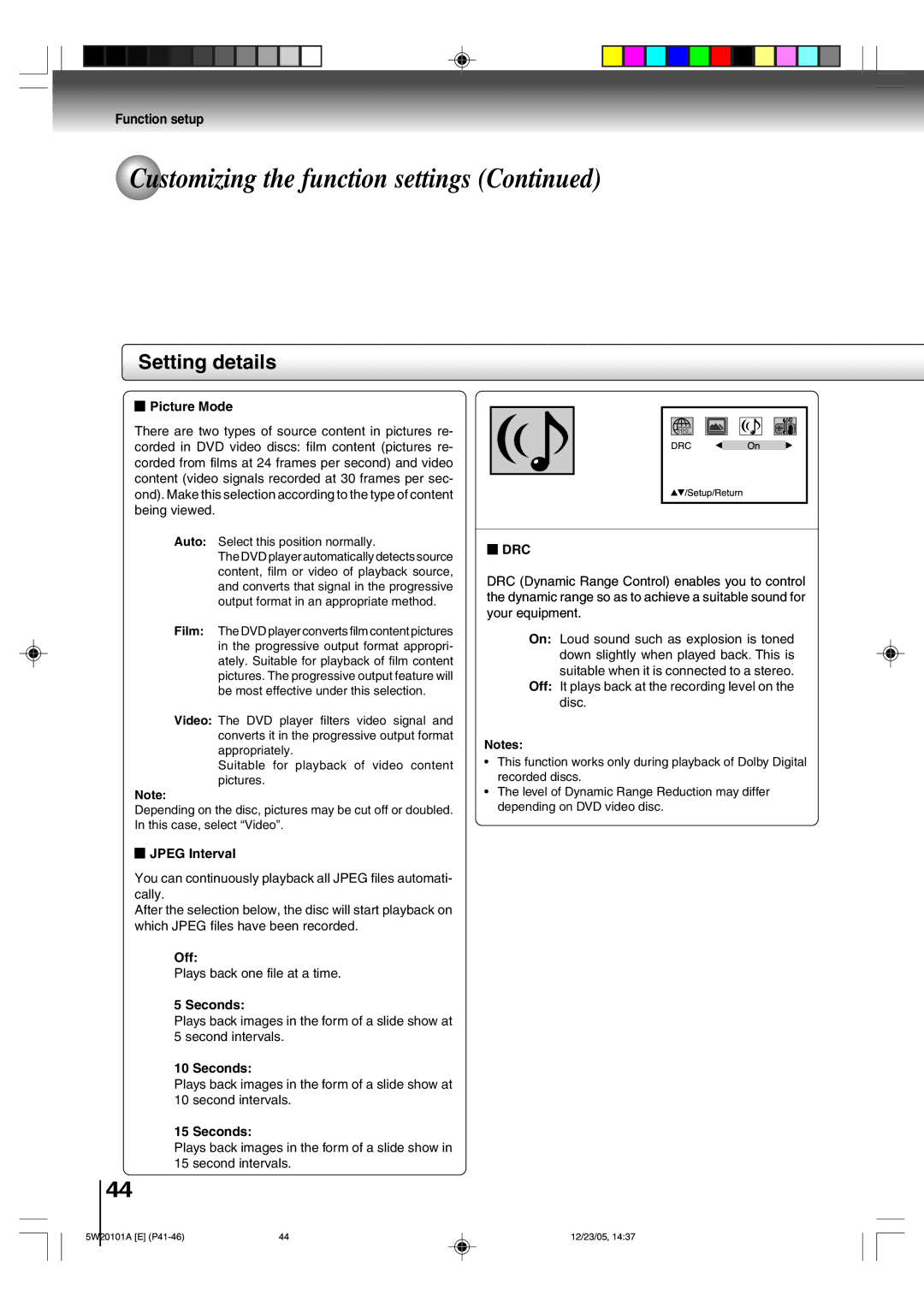 Toshiba MD14F52, MD20F52 owner manual Picture Mode, Drc, Jpeg Interval, Off, Seconds 