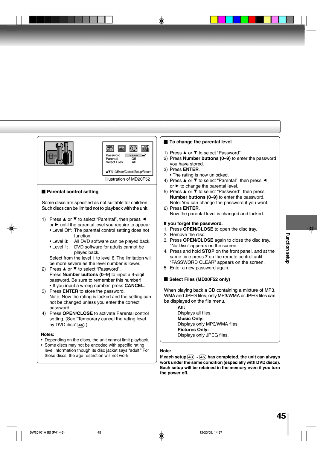 Toshiba MD20F52 Parental control setting, To change the parental level, If you forget the password, All, Music Only 