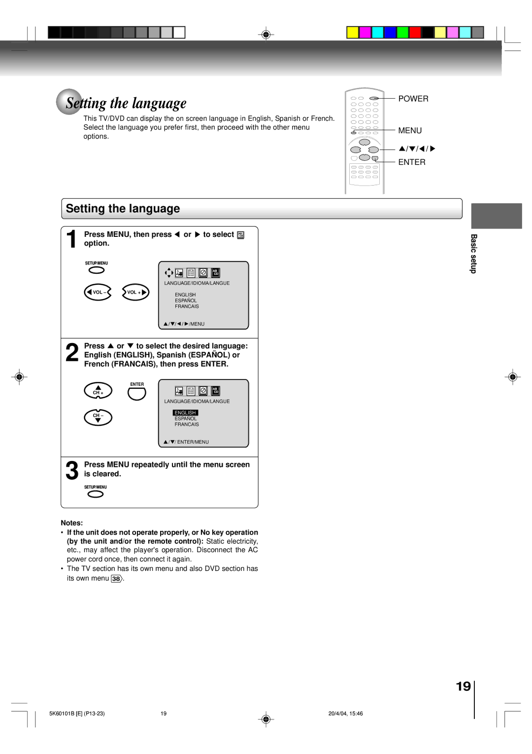 Toshiba MD14FP1 owner manual Setting the language, Power 