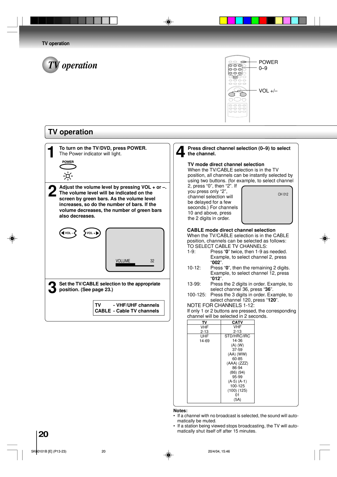 Toshiba MD14FP1 owner manual TV operation, Cable mode direct channel selection 