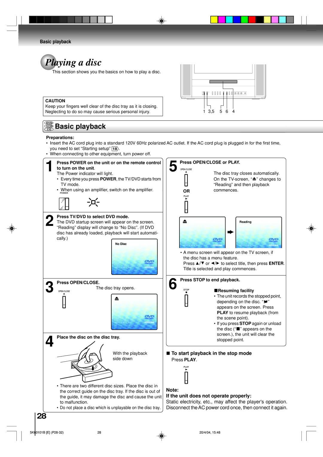 Toshiba MD14FP1 owner manual Playing a disc, Vcdcd Basic playback, If the unit does not operate properly 