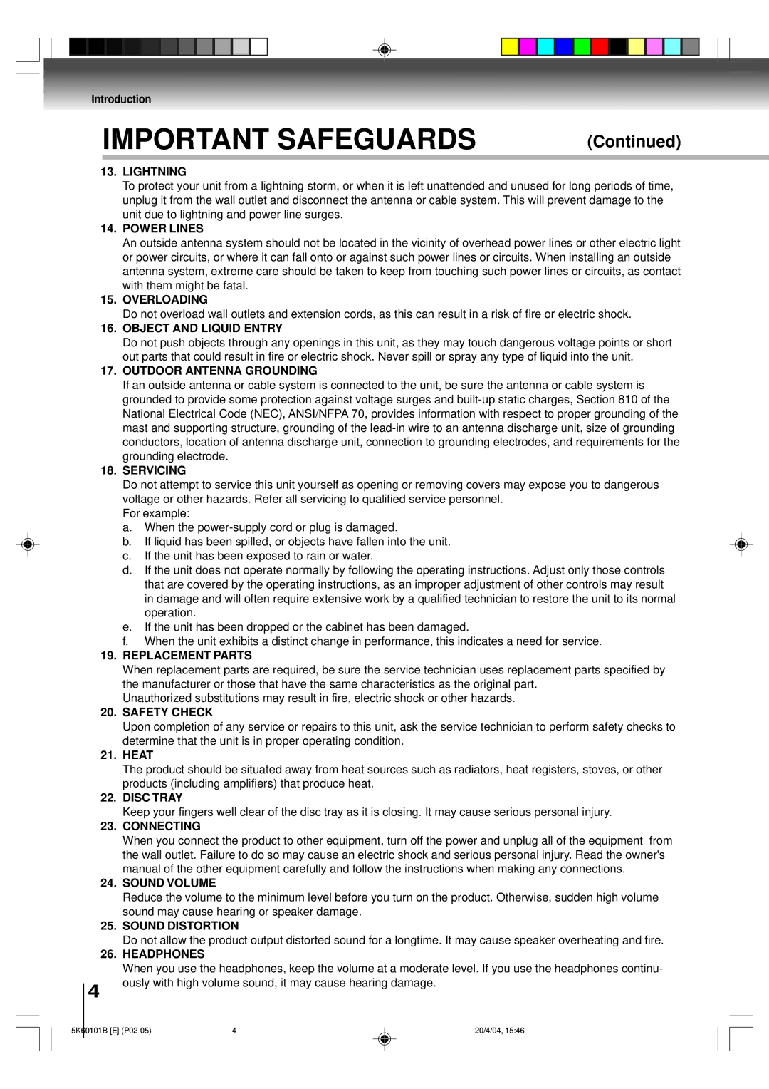 Toshiba MD14FP1 Lightning, Power Lines, Overloading, Object and Liquid Entry, Outdoor Antenna Grounding, Servicing, Heat 