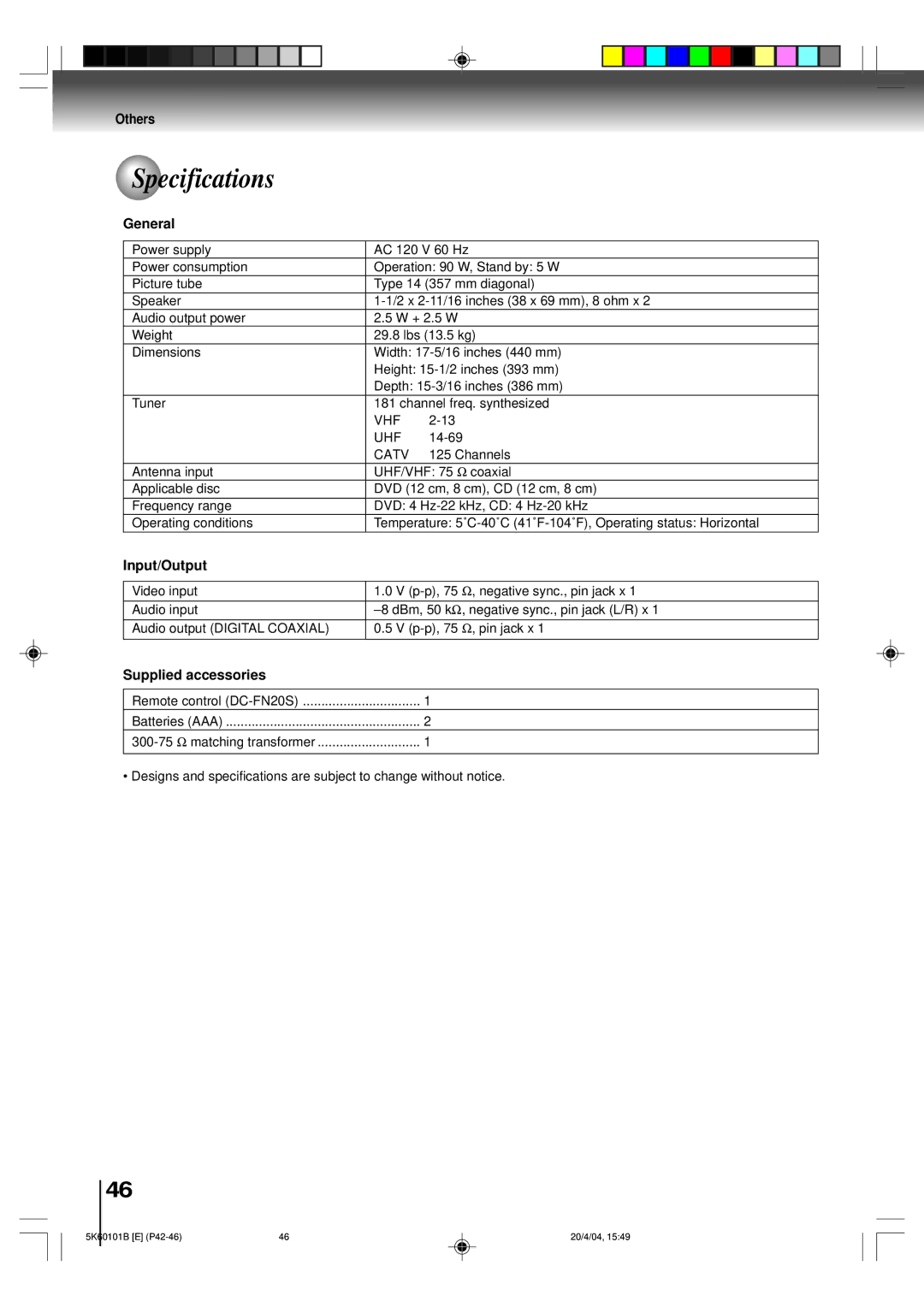 Toshiba MD14FP1 owner manual Specifications, General, Input/Output, Supplied accessories 