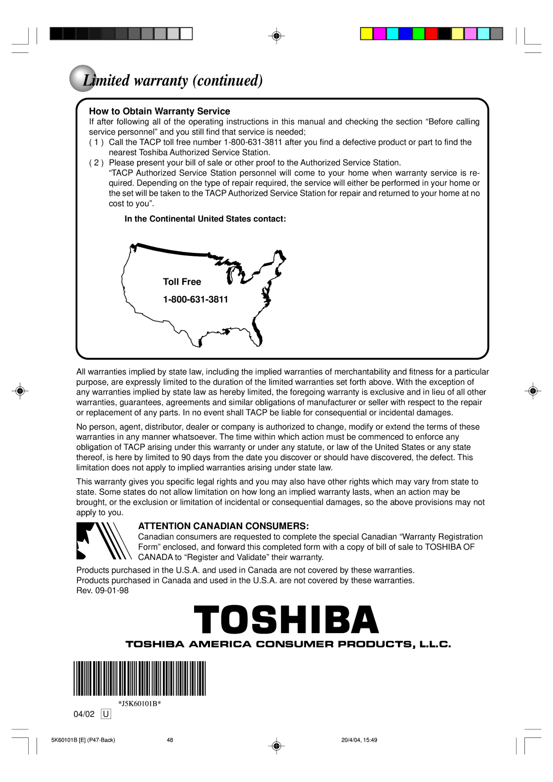 Toshiba MD14FP1 owner manual How to Obtain Warranty Service, Continental United States contact 