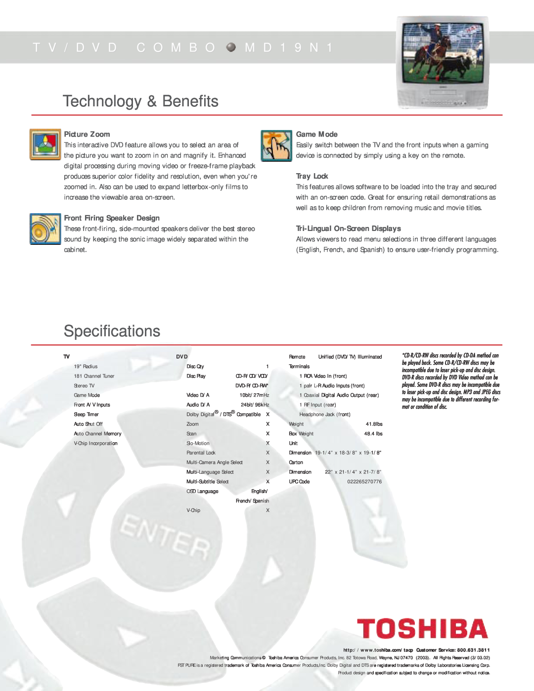 Toshiba MD19N1 Technology & Benefits, Specifications, T V / D V D C O M B O M D 1 9 N, Picture Zoom, Game Mode, Tray Lock 