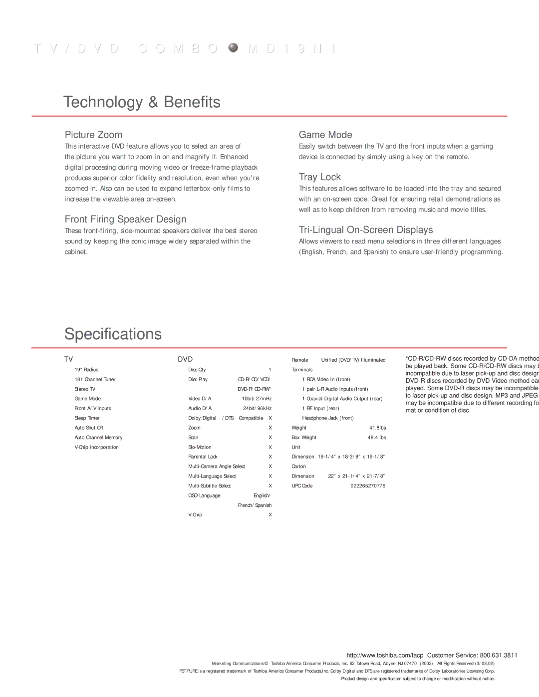 Toshiba MD19N1 manual Technology & Benefits, Specifications 