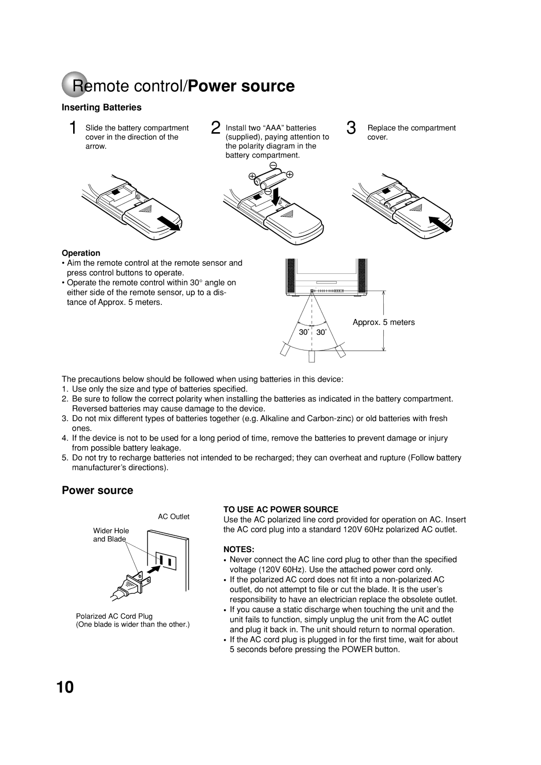 Toshiba MD20FN1C/R owner manual Power source, Inserting Batteries, Operation, To USE AC Power Source 