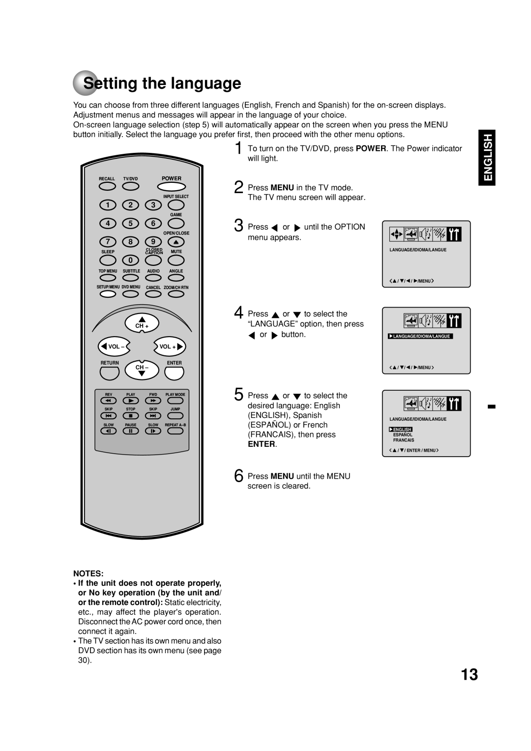 Toshiba MD20FN1C/R owner manual Setting the language, Enter 