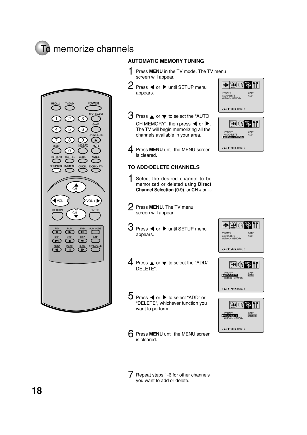 Toshiba MD20FN1C/R owner manual Screen will appear Press or Until Setup menu Appears, Press Menu until the Menu screen 