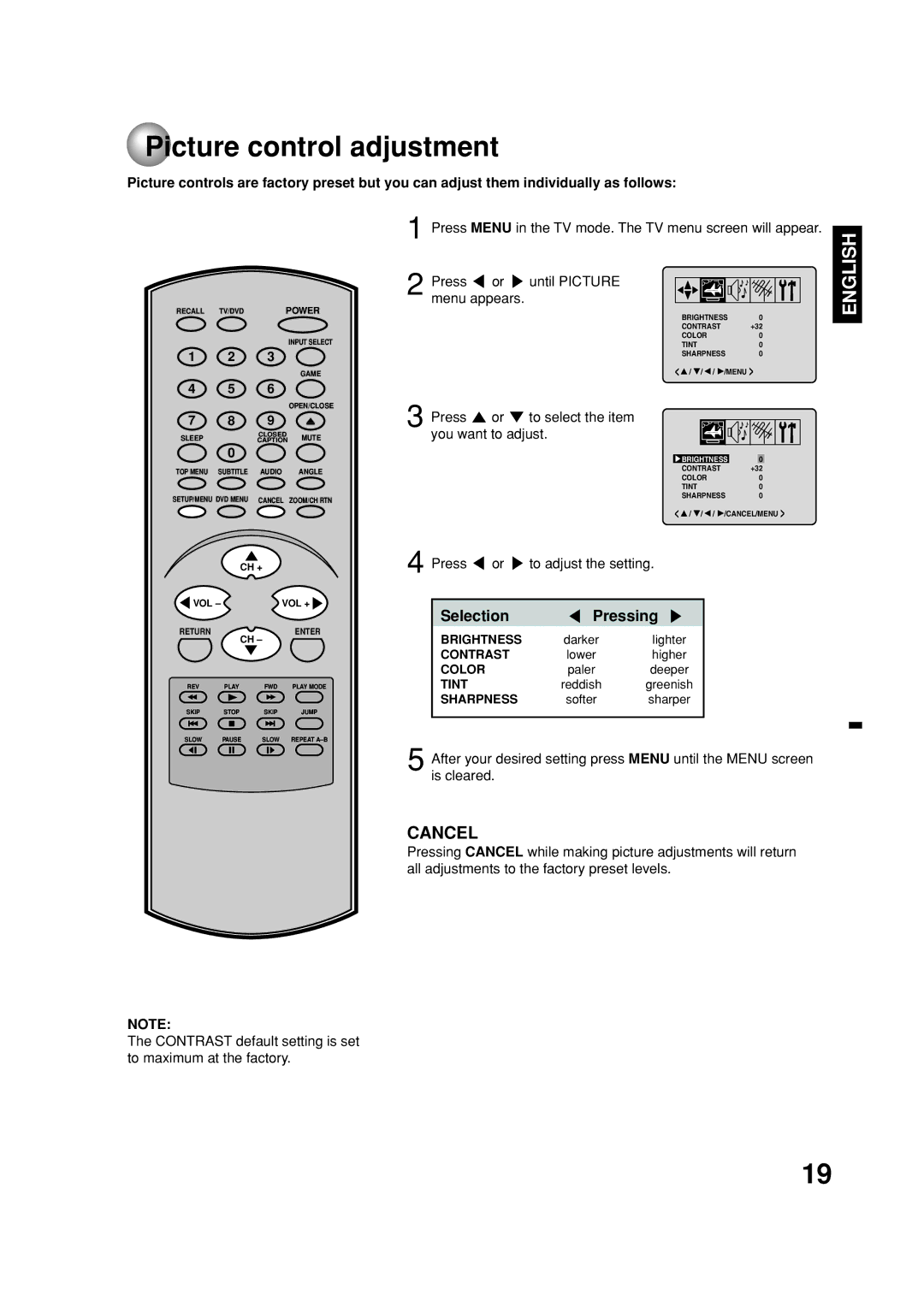 Toshiba MD20FN1C/R owner manual Picture control adjustment, Selection Pressing, Press or Until Picture Menu appears 