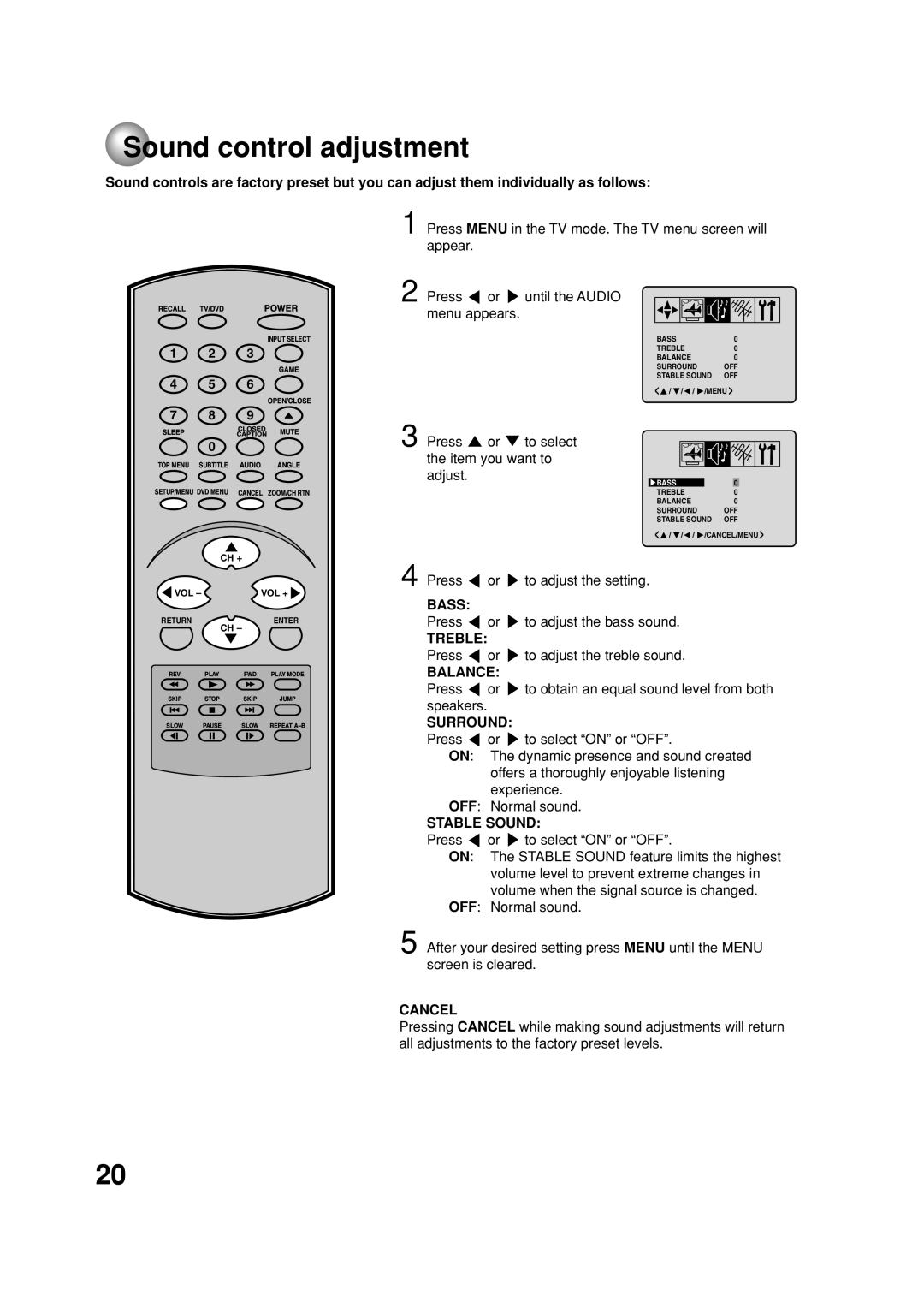 Toshiba MD20FN1C/R owner manual Sound control adjustment 