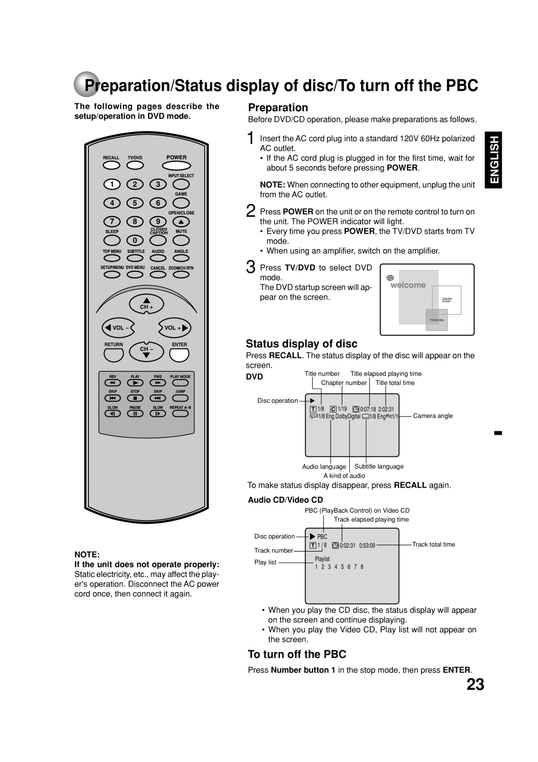 Toshiba MD20FN1C/R owner manual Preparation, Status display of disc, To turn off the PBC, Dvd 