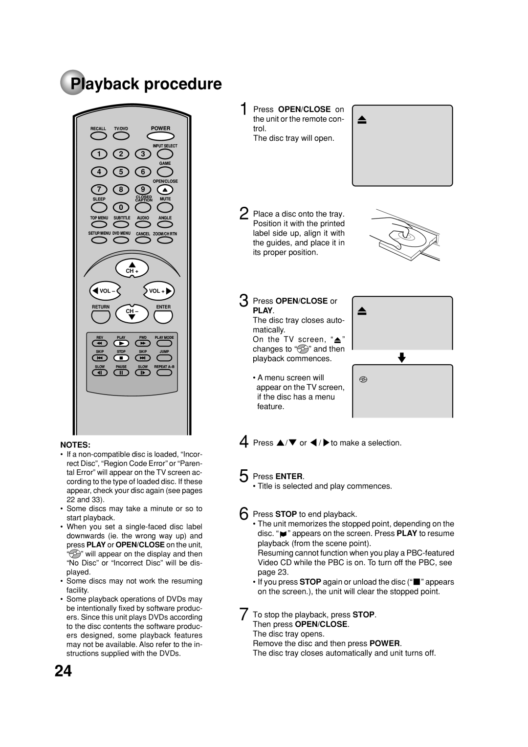 Toshiba MD20FN1C/R Playback procedure, Press OPEN/CLOSE on the unit or the remote con- trol, Press OPEN/CLOSE or Play 