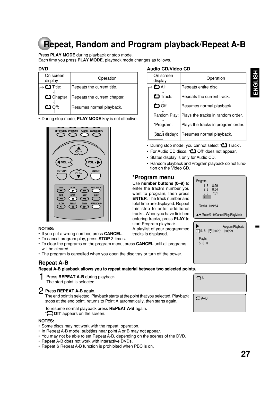 Toshiba MD20FN1C/R owner manual Repeat, Random and Program playback/Repeat A-B, Audio CD/Video CD 