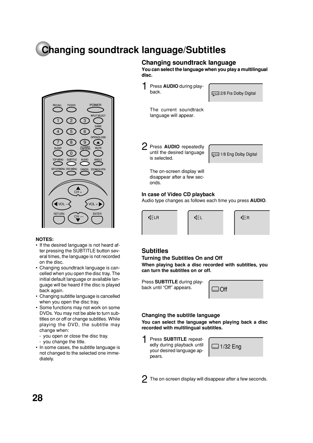 Toshiba MD20FN1C/R owner manual Changing soundtrack language/Subtitles 