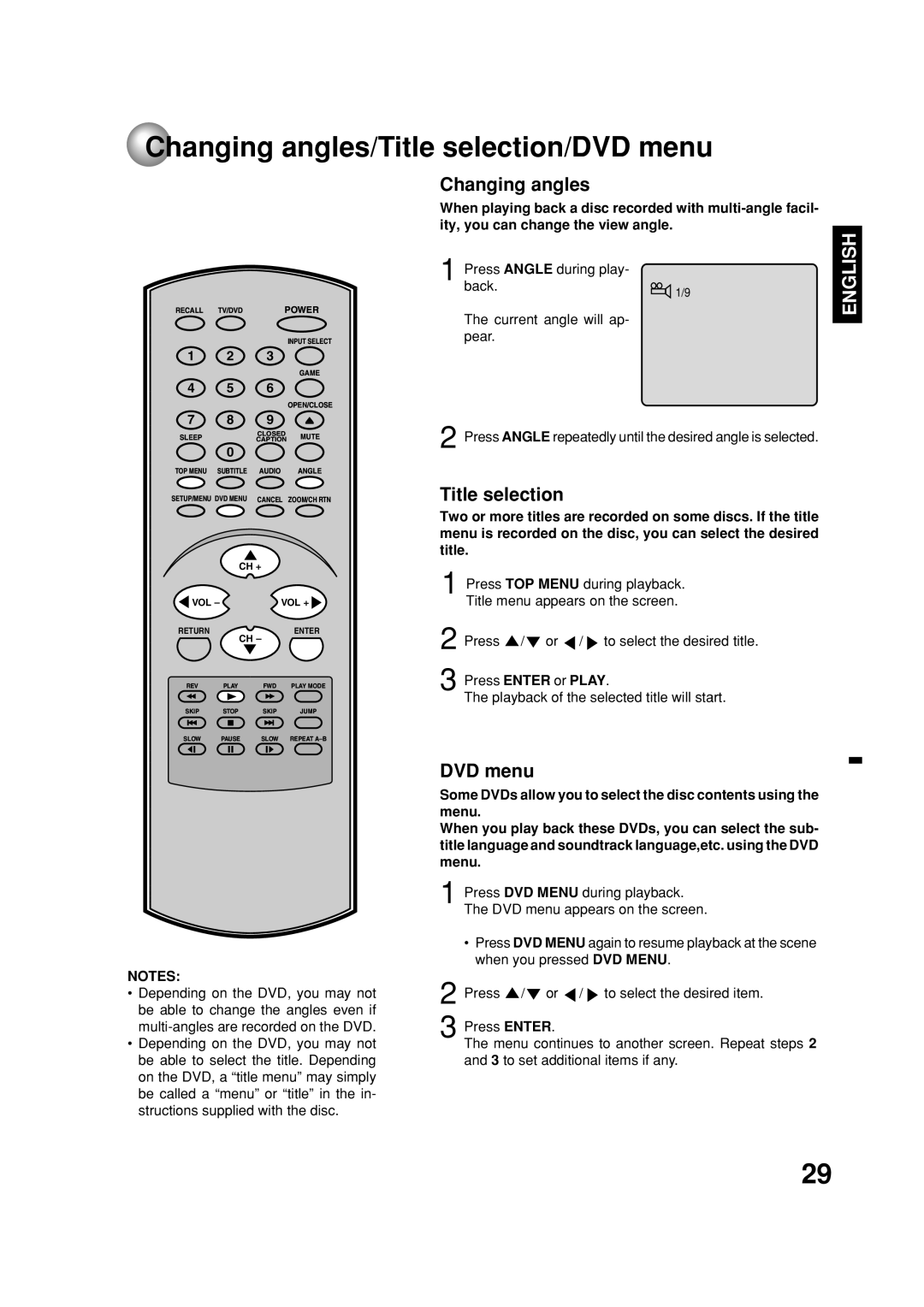 Toshiba MD20FN1C/R owner manual Changing angles/Title selection/DVD menu 