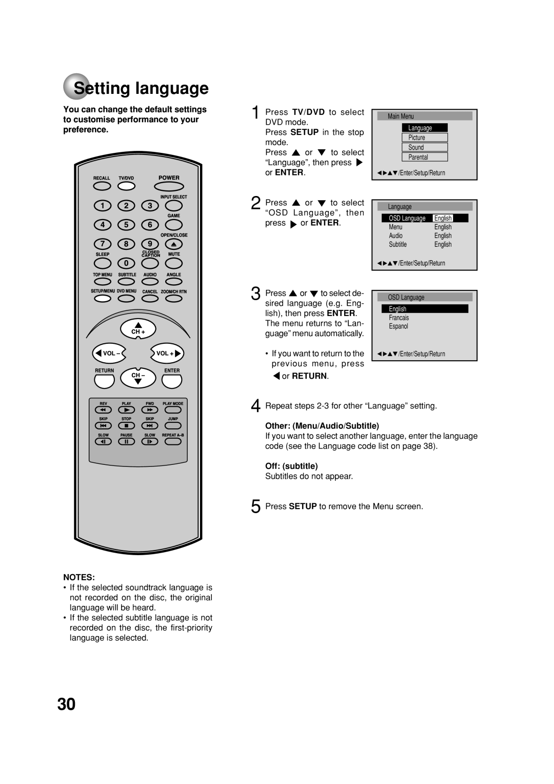 Toshiba MD20FN1C/R owner manual Setting language, Other Menu/Audio/Subtitle, Off subtitle 