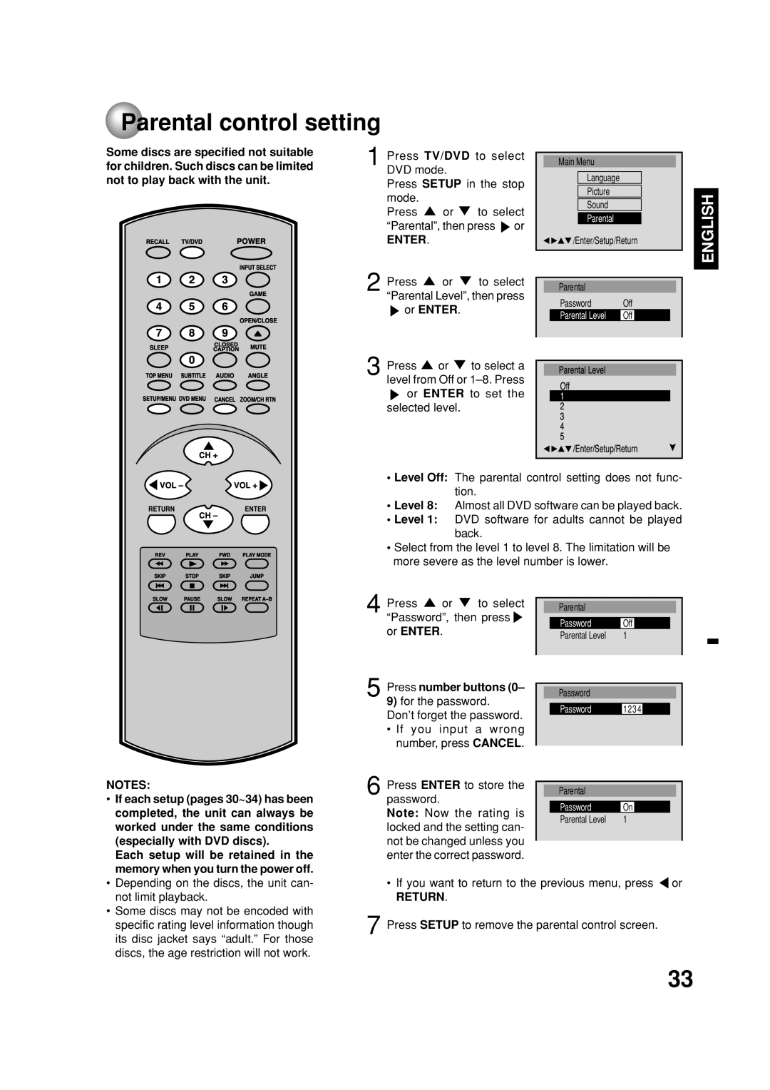 Toshiba MD20FN1C/R owner manual Parental control setting, Press number buttons 