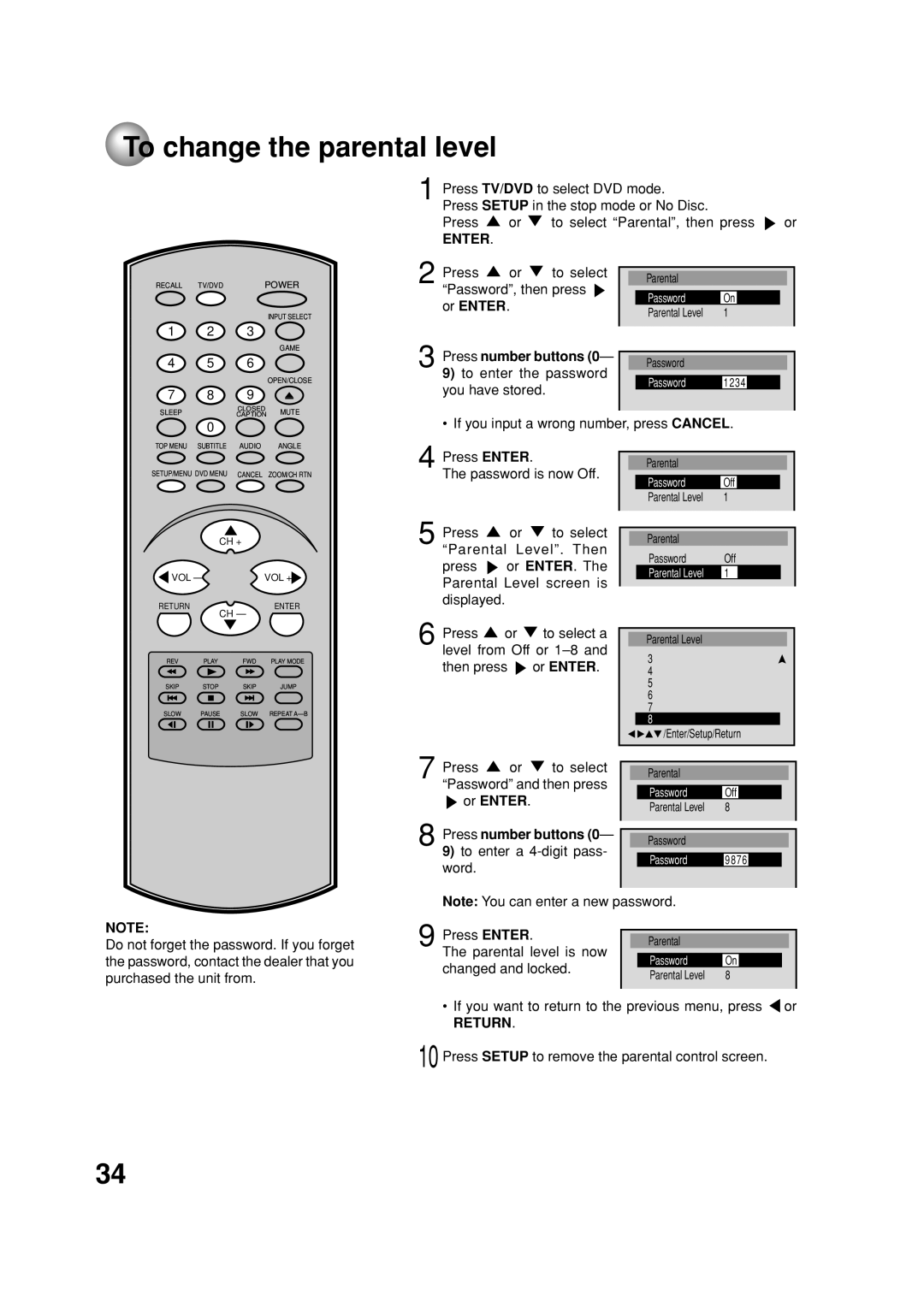 Toshiba MD20FN1C/R owner manual To change the parental level, RECALL1 