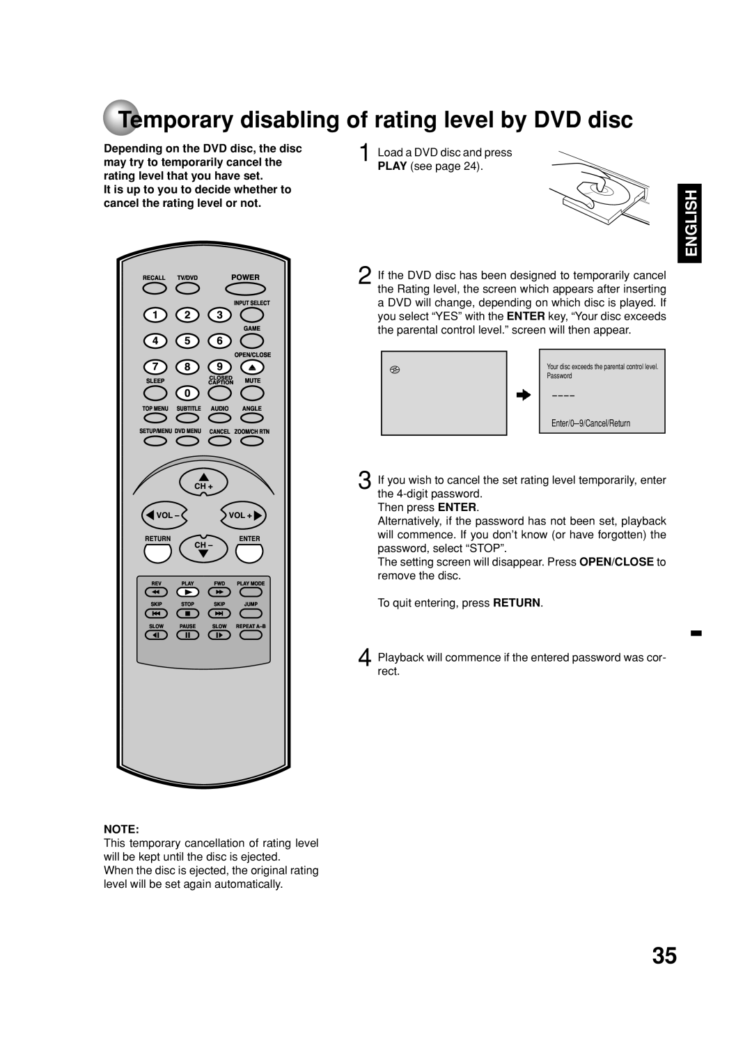 Toshiba MD20FN1C/R owner manual Vol+, Temporary disabling of rating level by DVD disc 