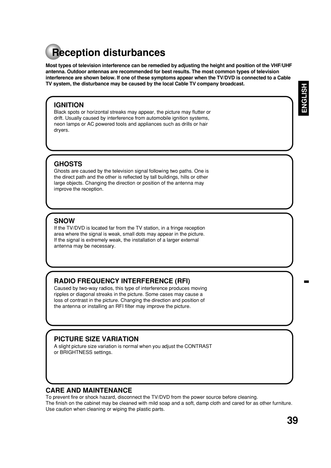 Toshiba MD20FN1C/R owner manual Reception disturbances, Ignition 