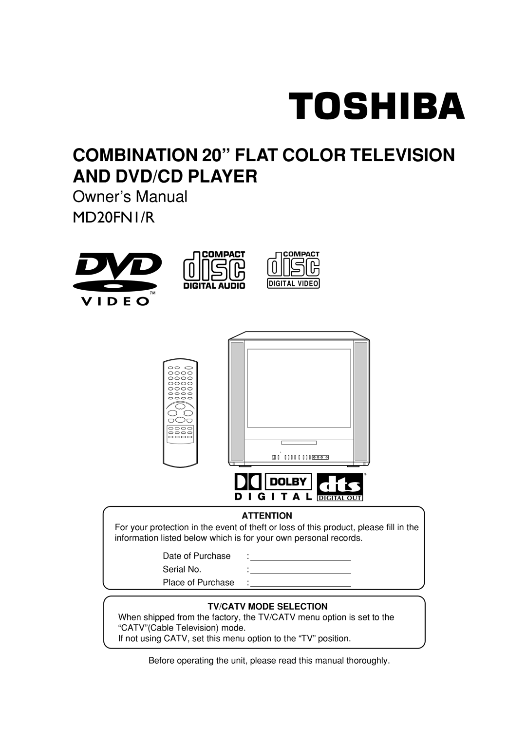 Toshiba MD20FN1/R owner manual Combination 20 Flat Color Television and DVD/CD Player 