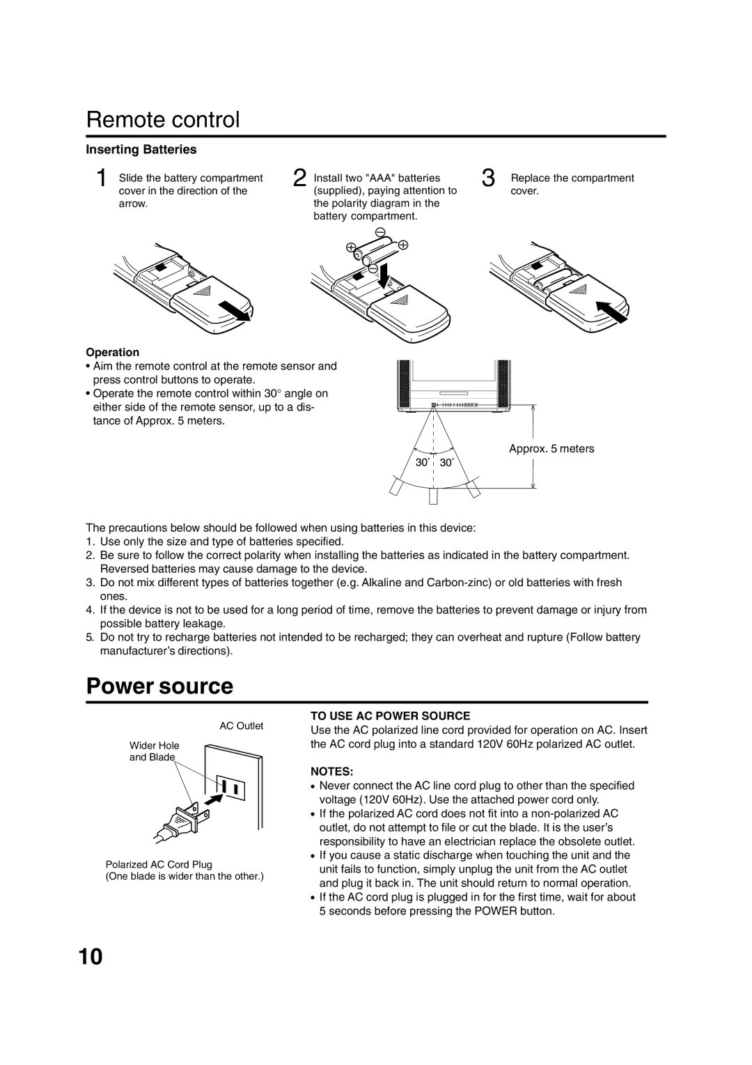 Toshiba MD20FN1/R owner manual Power source, Inserting Batteries, Operation, To USE AC Power Source 