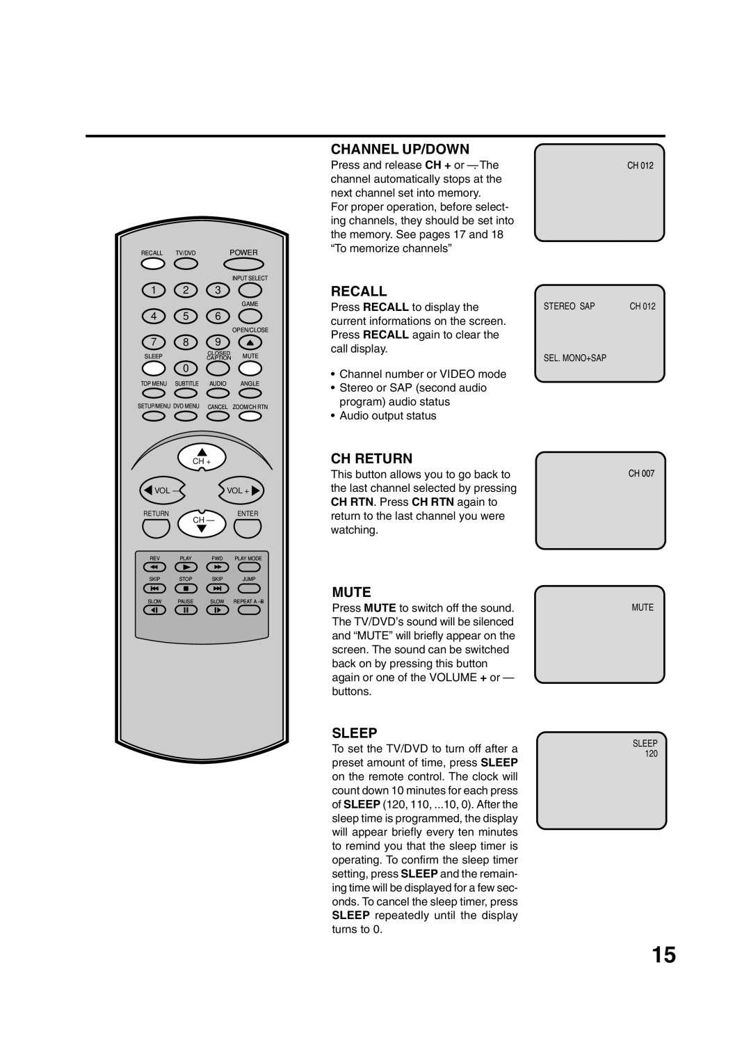 Toshiba MD20FN1/R owner manual Channel UP/DOWN 