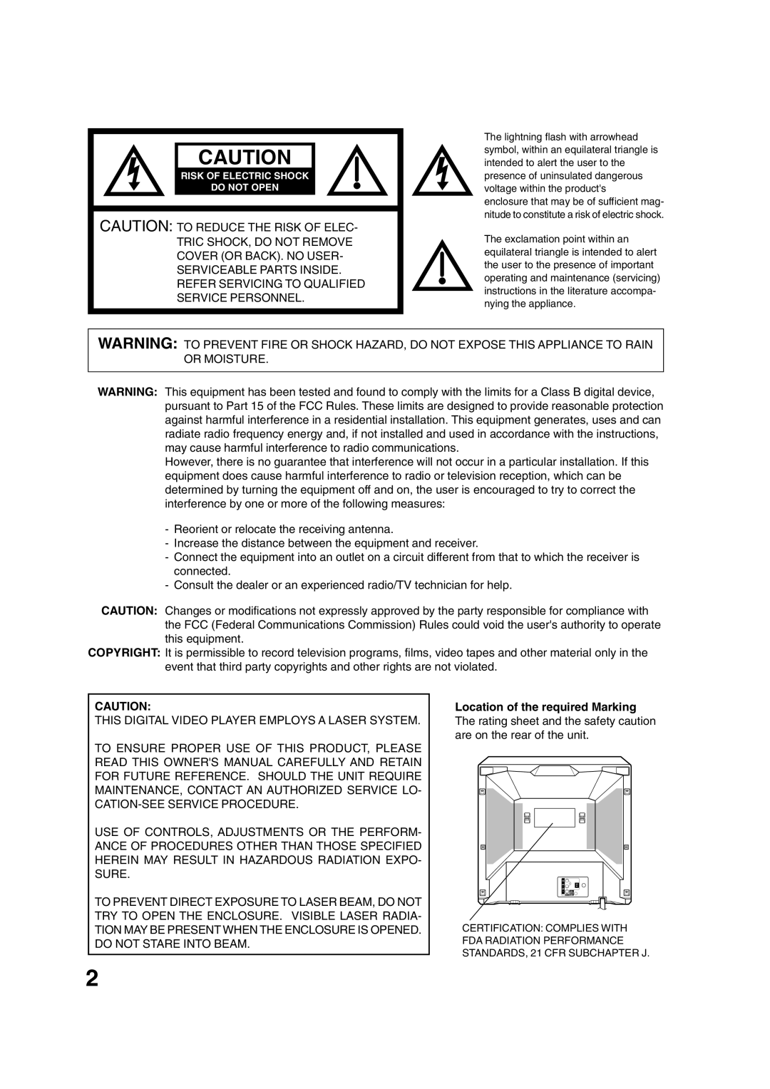 Toshiba MD20FN1/R owner manual Risk of Electric Shock Do not Open 