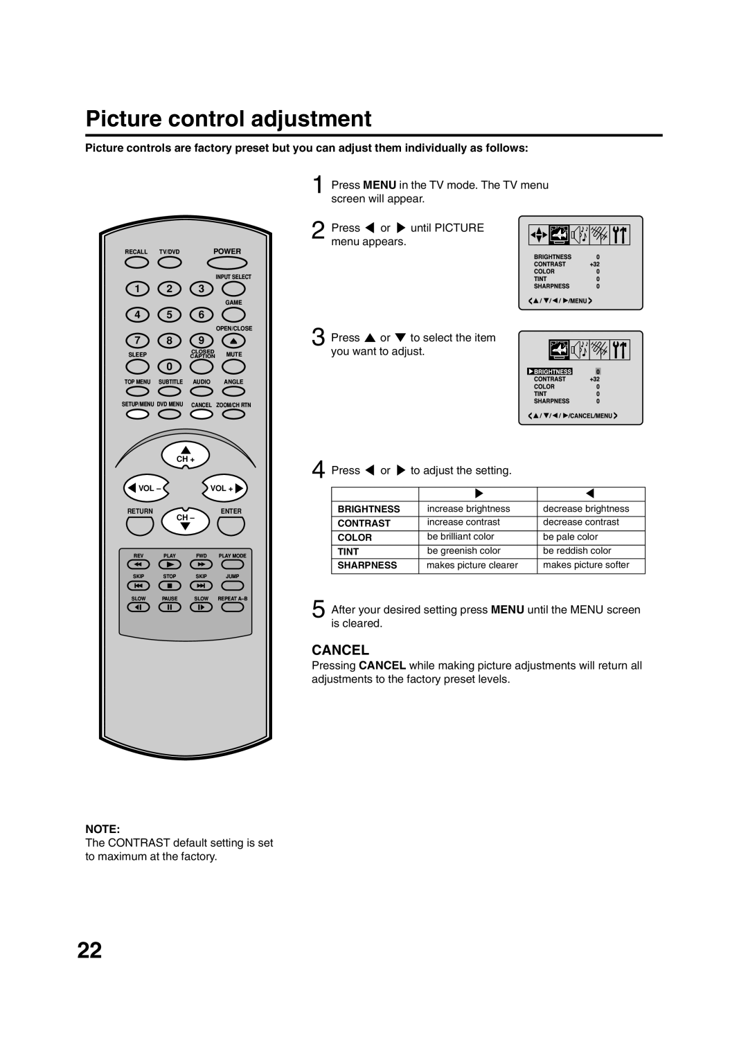 Toshiba MD20FN1/R owner manual Tint, Picture control adjustment 