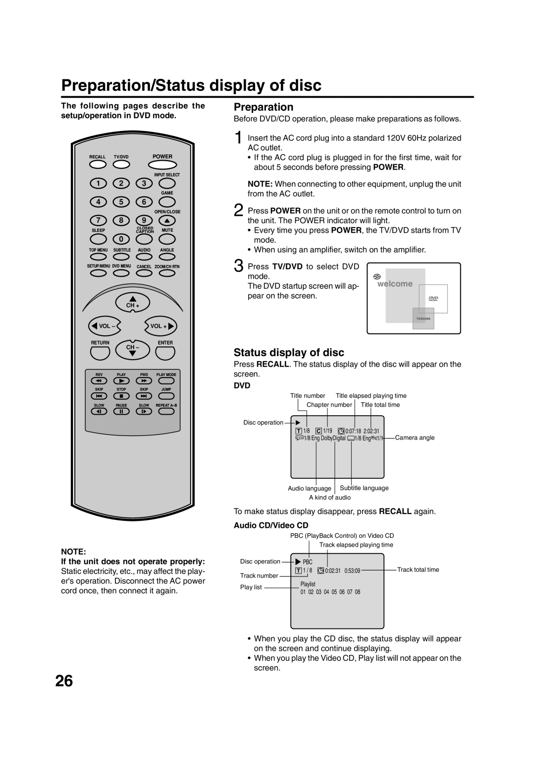 Toshiba MD20FN1/R owner manual Preparation/Status display of disc, Dvd 