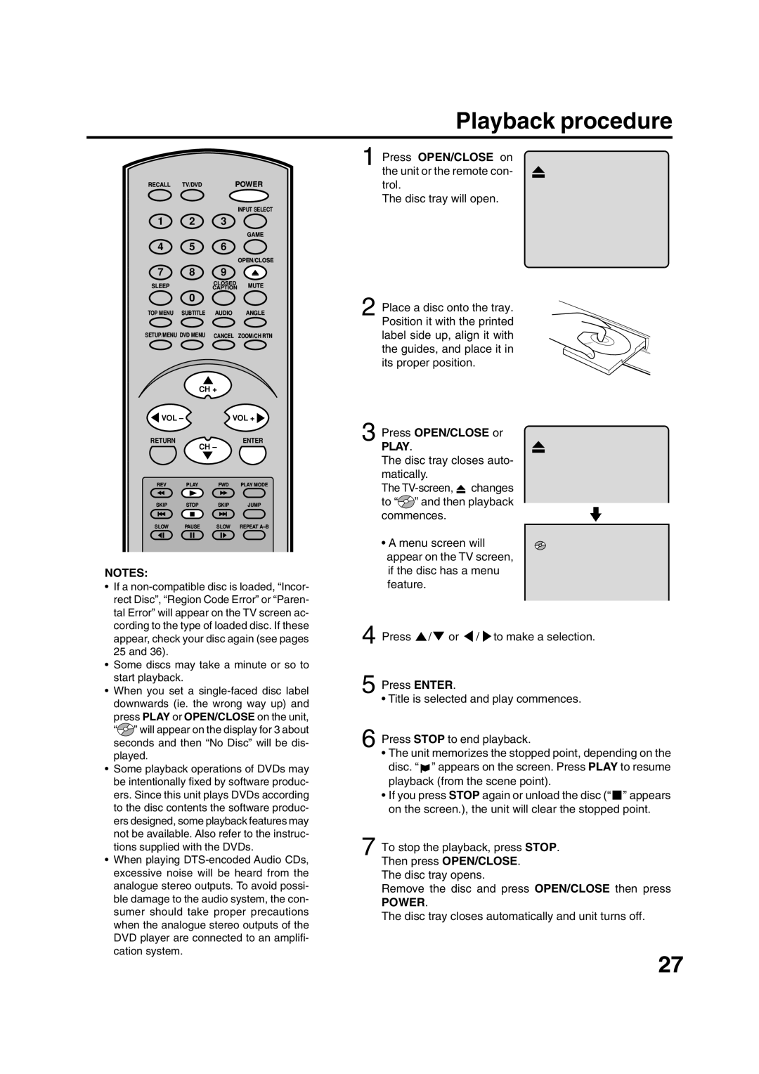 Toshiba MD20FN1/R Playback procedure, Press OPEN/CLOSE on the unit or the remote con- trol, Press OPEN/CLOSE or 