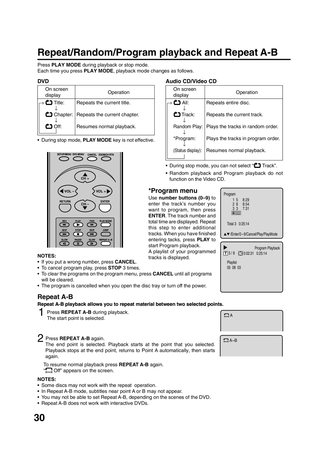 Toshiba MD20FN1/R owner manual Repeat/Random/Program playback and Repeat A-B, Audio CD/Video CD 