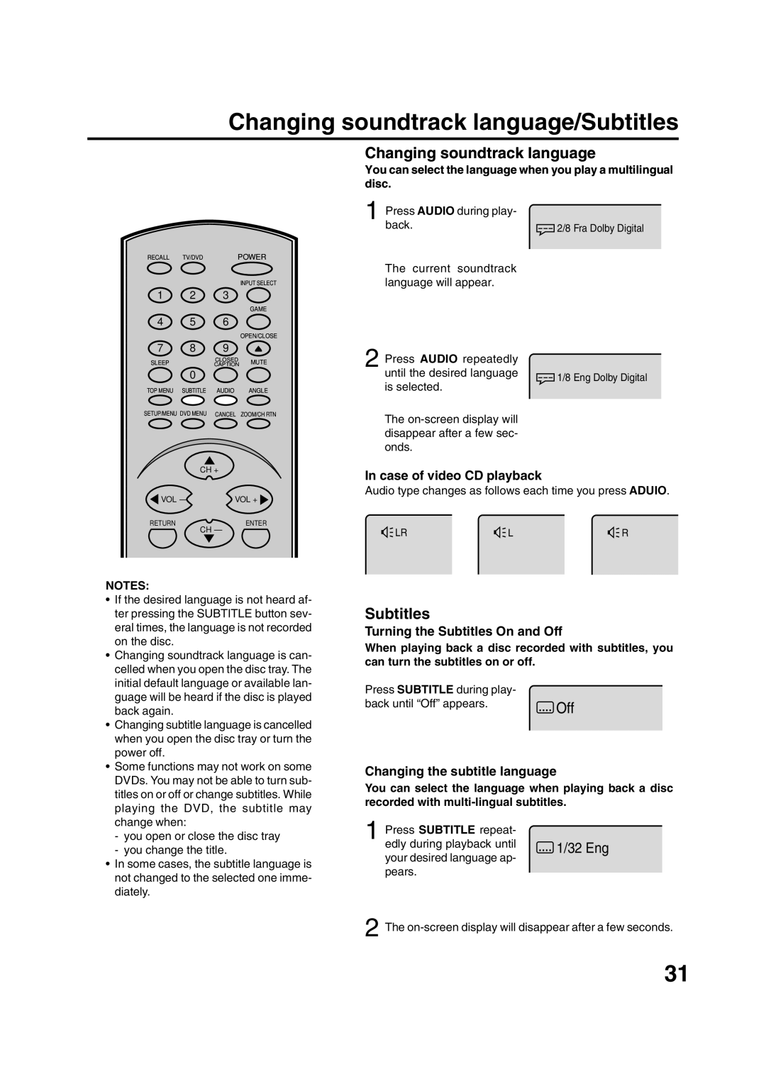 Toshiba MD20FN1/R owner manual Changing soundtrack language/Subtitles 