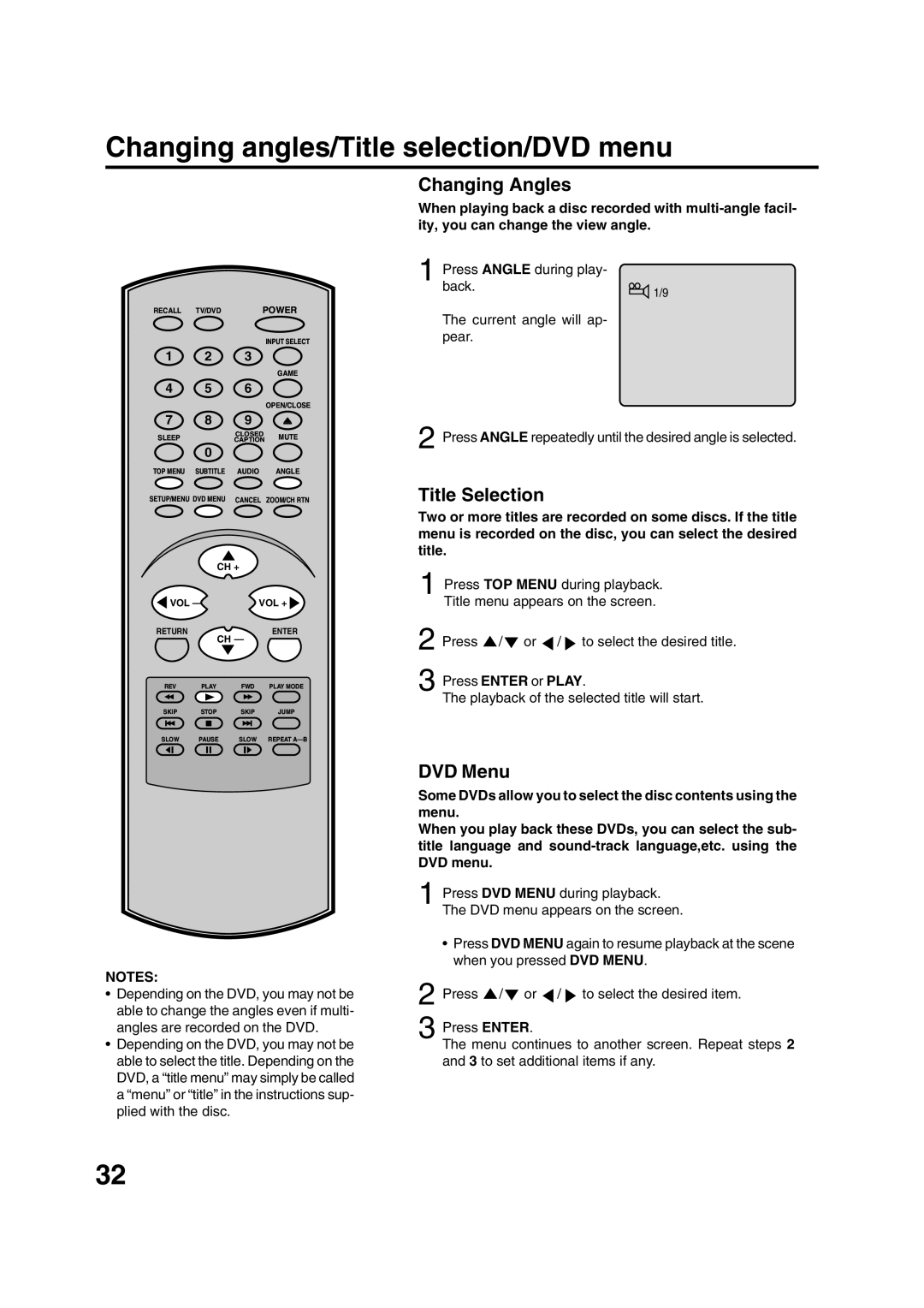 Toshiba MD20FN1/R owner manual Changing angles/Title selection/DVD menu, Changing Angles, Title Selection, DVD Menu 