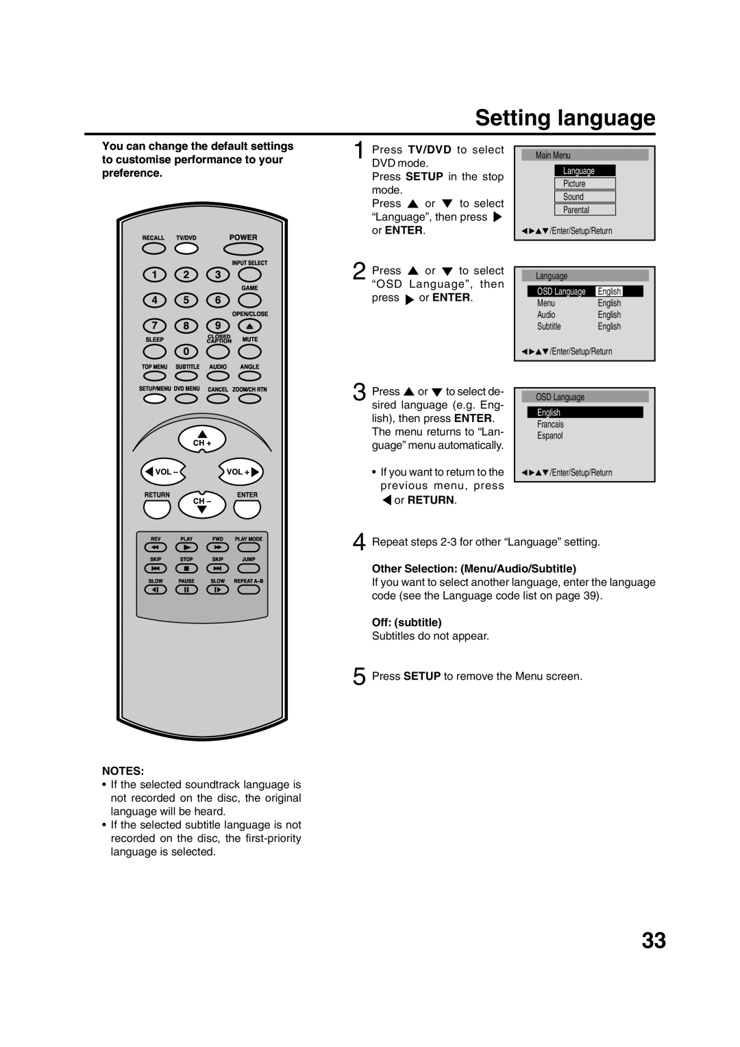 Toshiba MD20FN1/R owner manual Setting language, Other Selection Menu/Audio/Subtitle, Off subtitle 