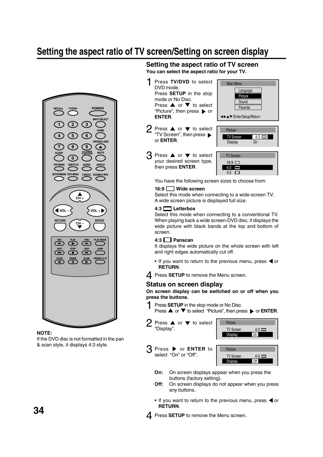 Toshiba MD20FN1/R owner manual Setting the aspect ratio of TV screen, Status on screen display, Return 