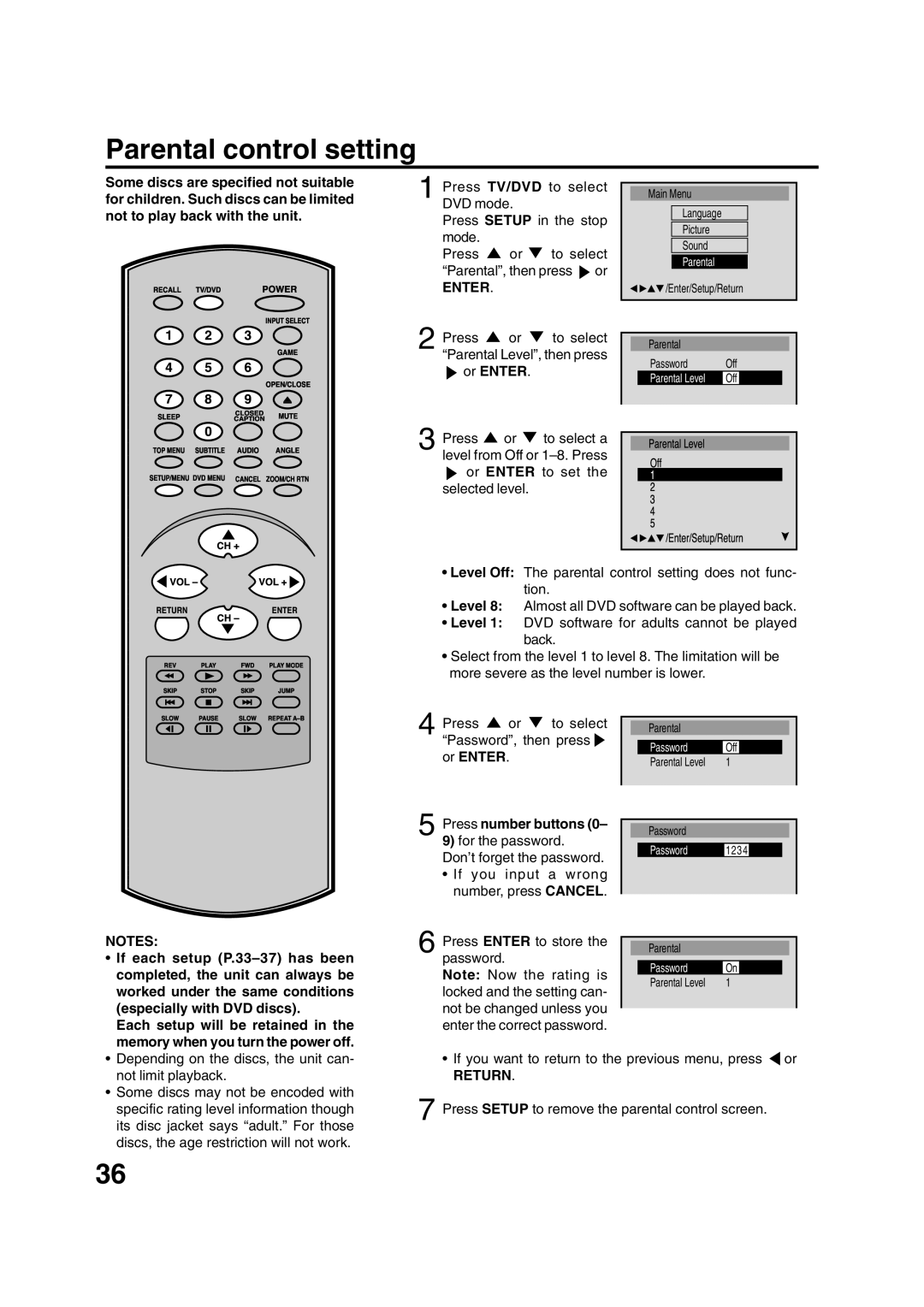 Toshiba MD20FN1/R owner manual Parental control setting, Press number buttons 