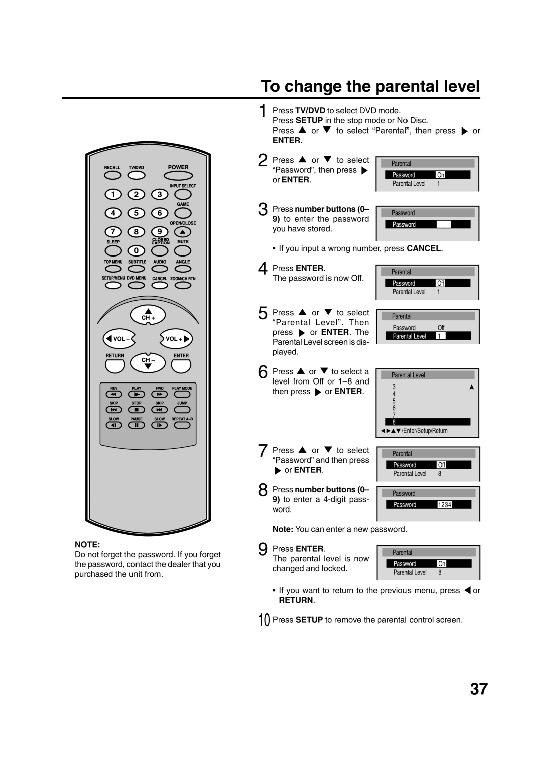 Toshiba MD20FN1/R owner manual To change the parental level, Password 