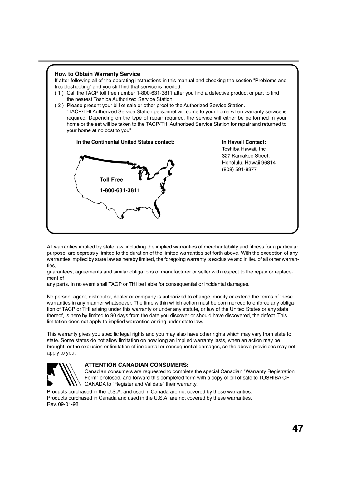 Toshiba MD20FN1/R owner manual How to Obtain Warranty Service, Toll Free, Continental United States contact Hawaii Contact 