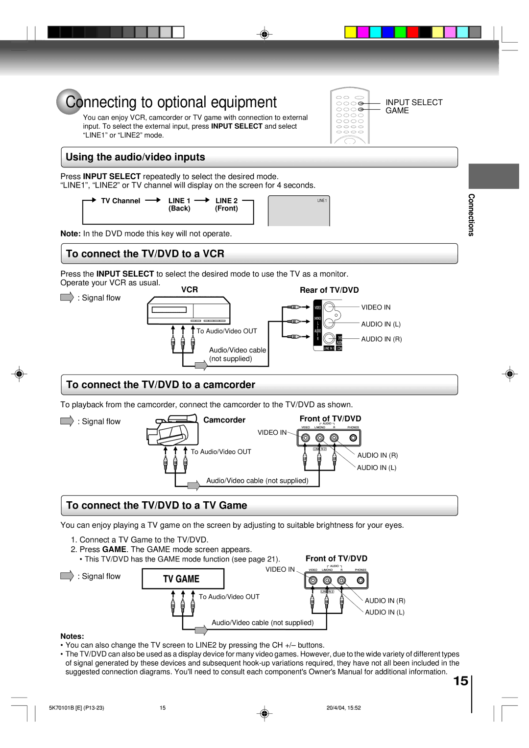 Toshiba MD20FP1 owner manual Connecting to optional equipment, Vcr, Rear of TV/DVD, Signal flow, Camcorder Front of TV/DVD 