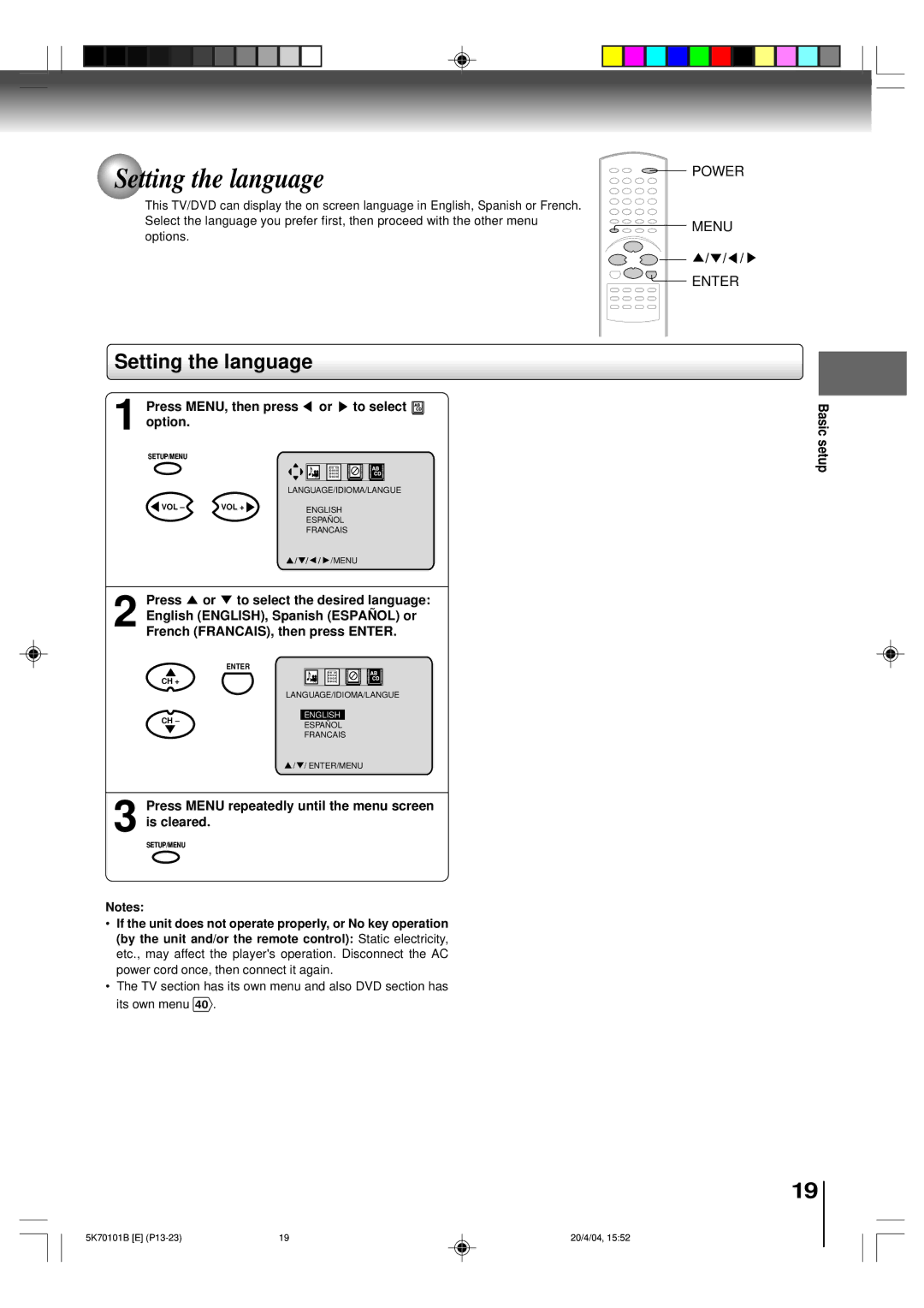 Toshiba MD20FP1 owner manual Setting the language, Press MENU, then press or to select option, Basic setup 