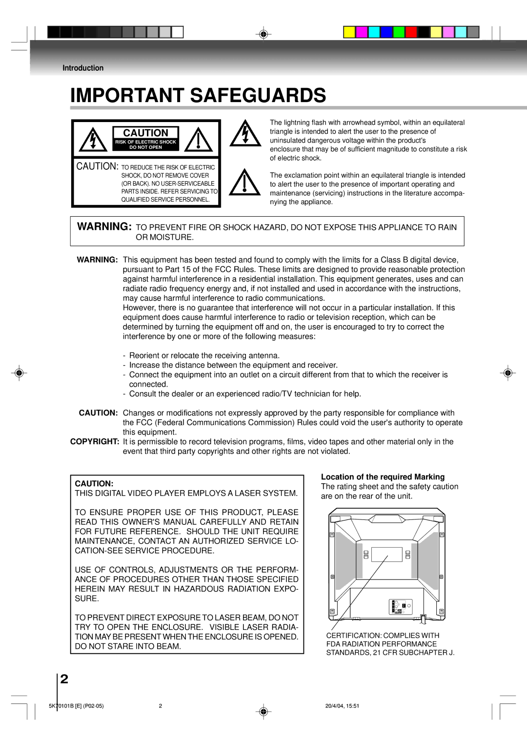 Toshiba MD20FP1 owner manual Important Safeguards, Introduction 