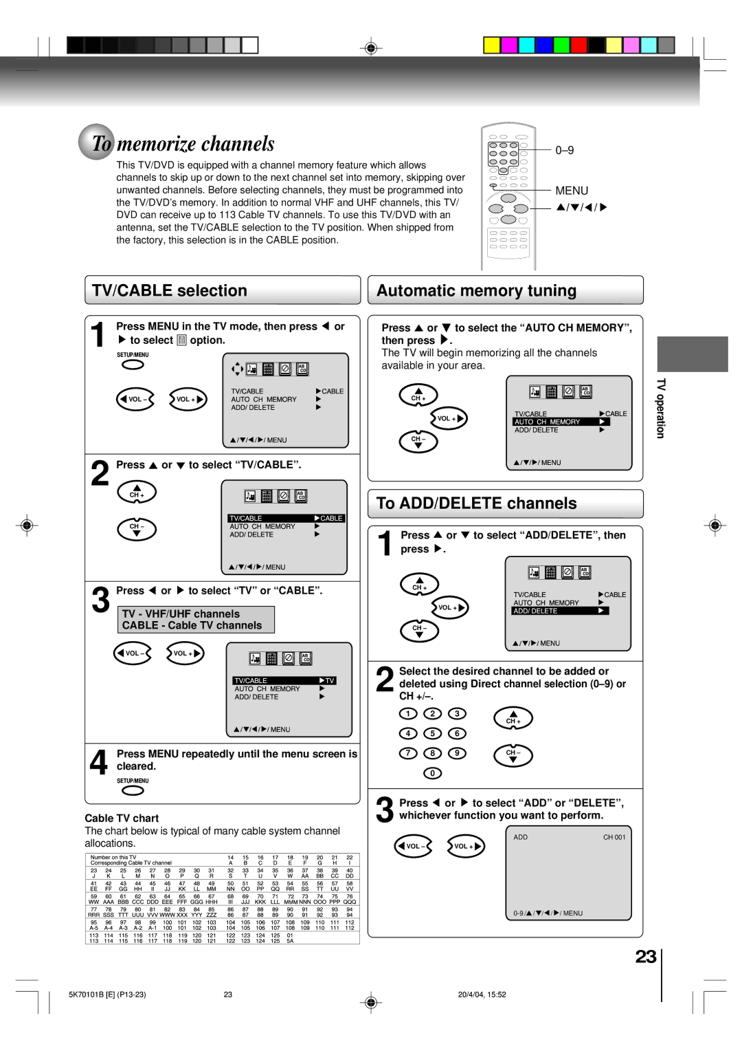 Toshiba MD20FP1 owner manual To memorize channels, TV/CABLE selection, Automatic memory tuning, To ADD/DELETE channels 