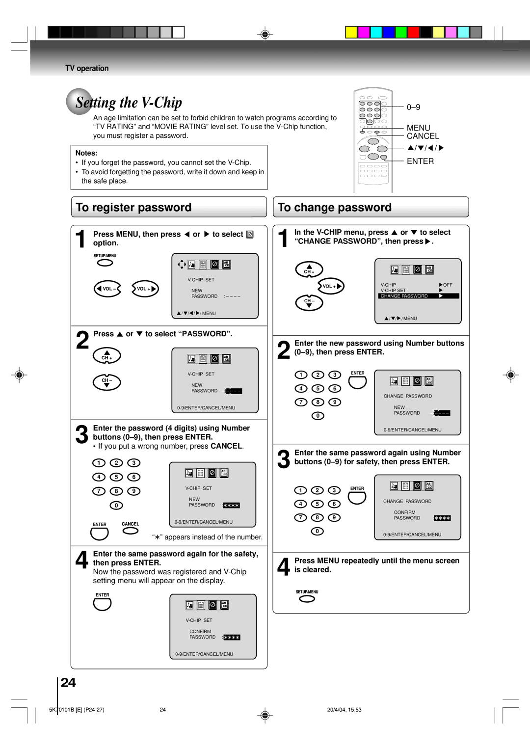 Toshiba MD20FP1 owner manual Setting the V-Chip, To register password, To change password, Press or to select Password 