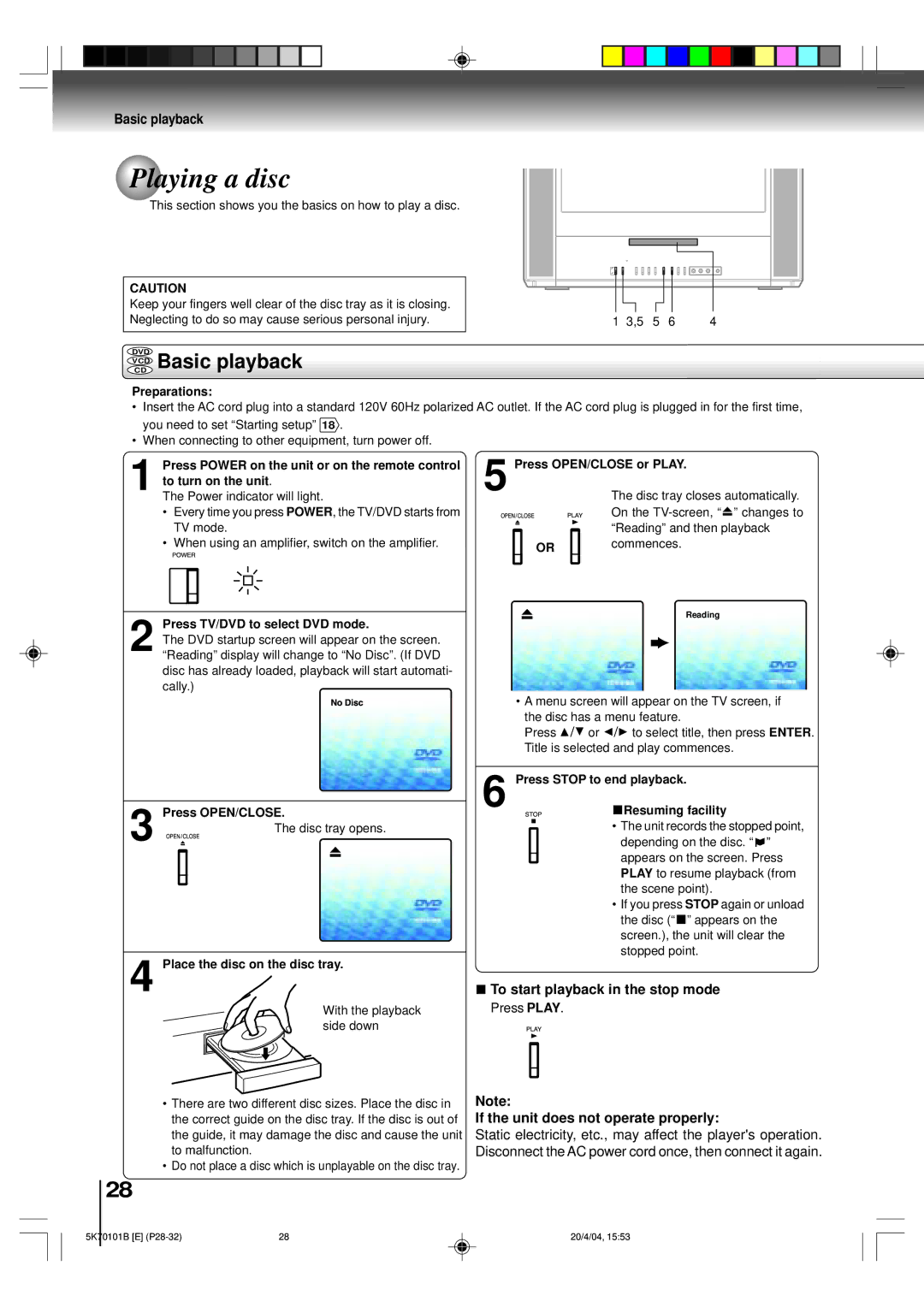 Toshiba MD20FP1 owner manual Playing a disc, Vcdcd Basic playback, If the unit does not operate properly 