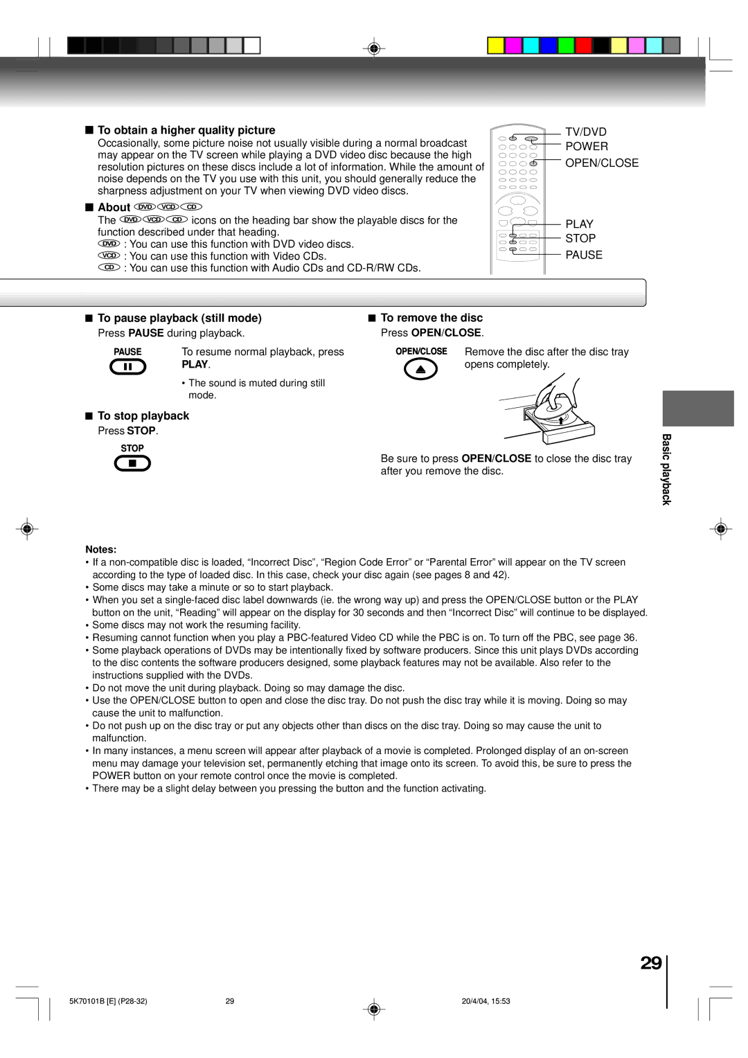 Toshiba MD20FP1 To obtain a higher quality picture, To pause playback still mode, To stop playback, To remove the disc 